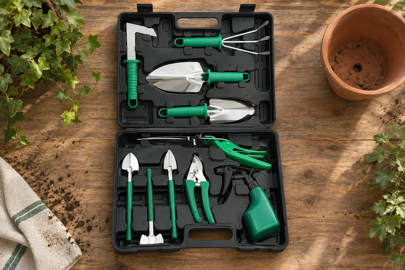 Open ten-piece garden tool case on a potting bench, props not included