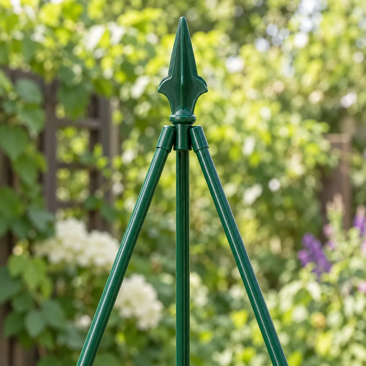 Close view of the green pointed finial and three converging trellis poles