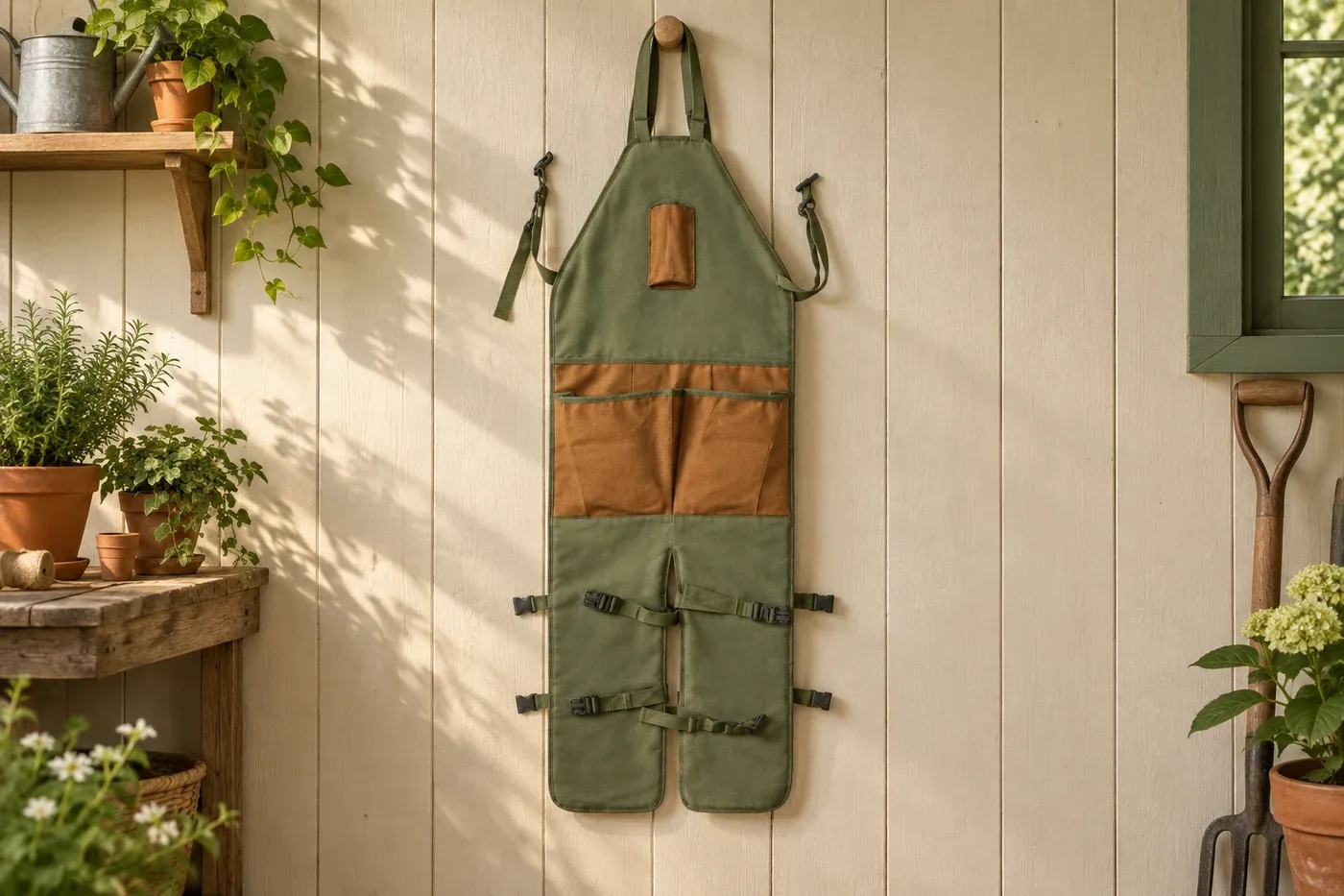 Olive and brown apron hanging in a potting shed, tools not included