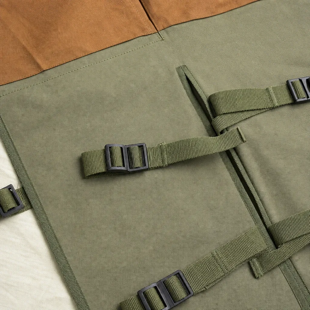 Olive apron fabric, split front and straps in close detail
