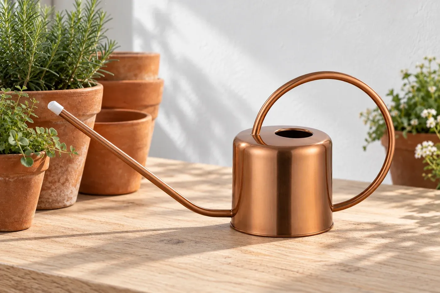 Copper watering can beside terracotta pots on a wood bench