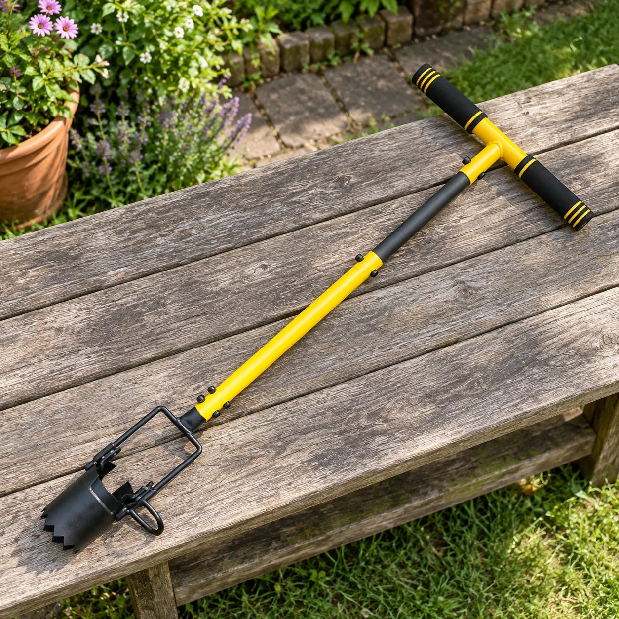 Long-Handle Bulb Planter, complete selected yellow / black item in a real garden setting