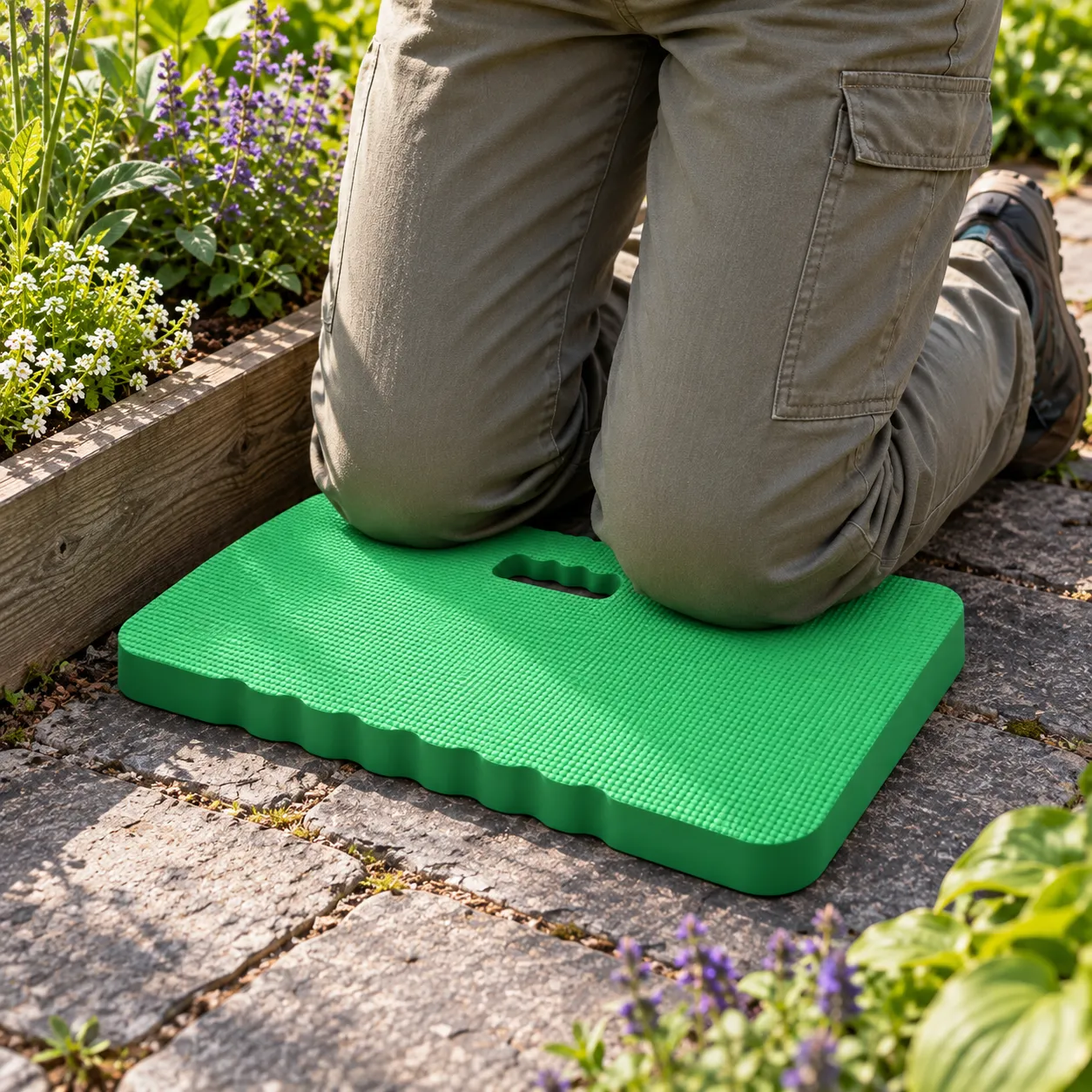 Garden Kneeling Pad shown at garden-task scale; surrounding plants and accessories are not included