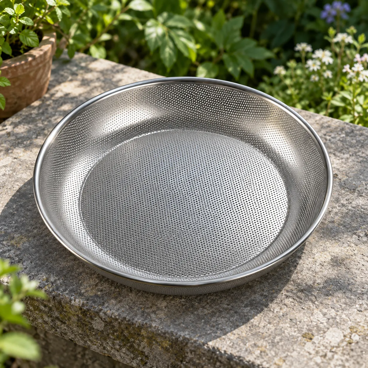 Fine Soil Sifter, complete selected silver item in a real garden setting