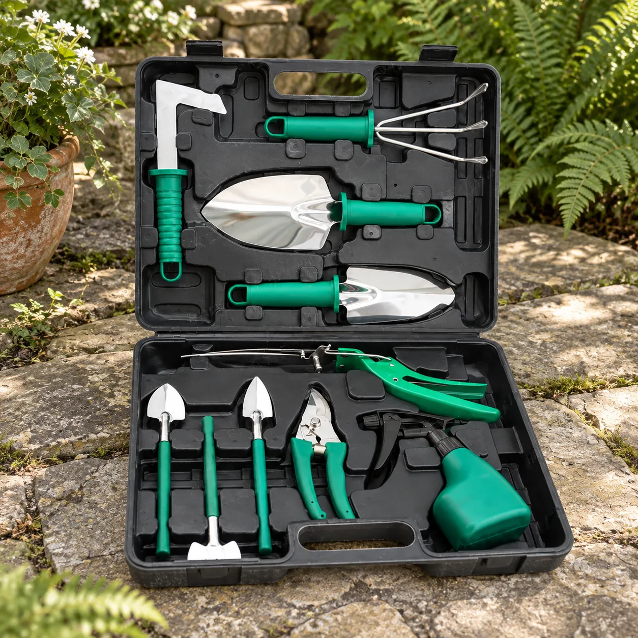 All ten green-handled garden tools in their open black case on a stone garden work surface