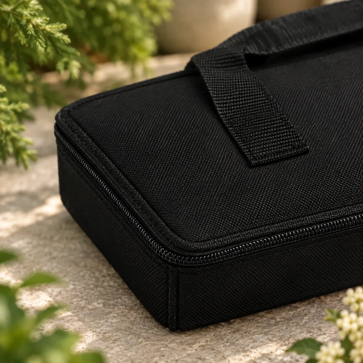 Close view of the bonsai kit case zipper, fabric and handle seam