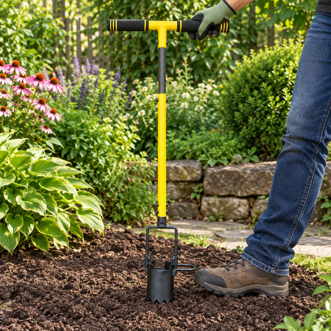 Long-Handle Bulb Planter shown at garden-task scale; surrounding plants and accessories are not included