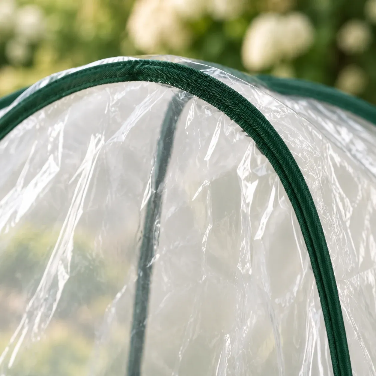 Curved clear cover seam with green binding on the mini greenhouse