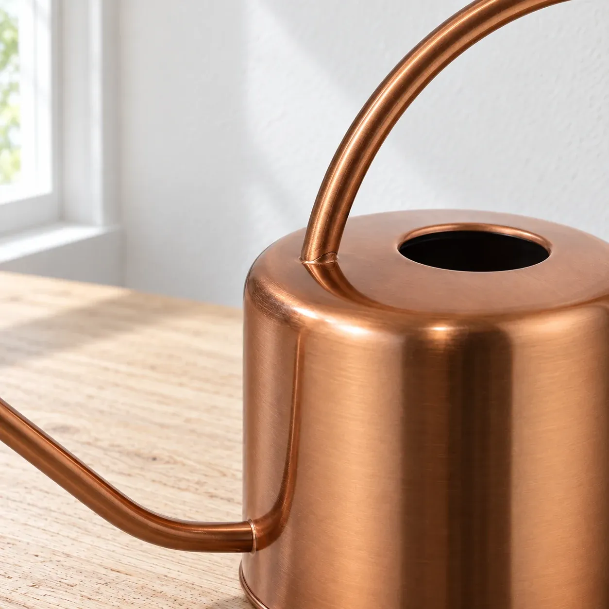 Close view of the copper watering can opening and handle joint