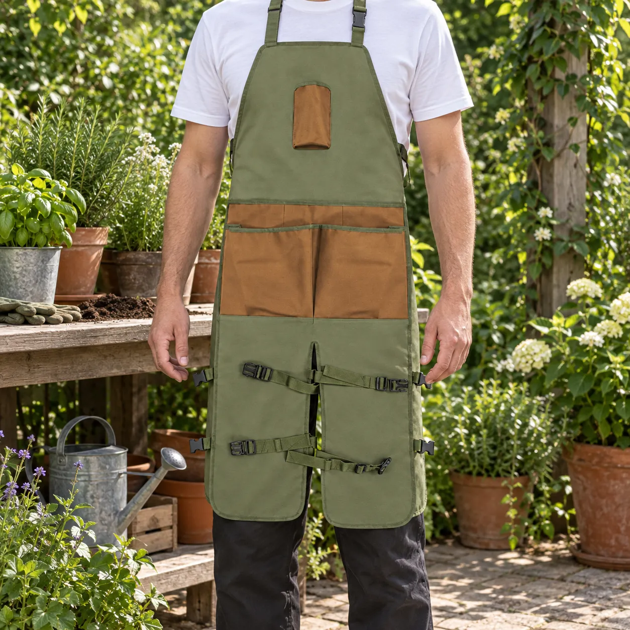 Olive and brown split-front apron worn by an adult, cropped without a face; model measurements are not supplied