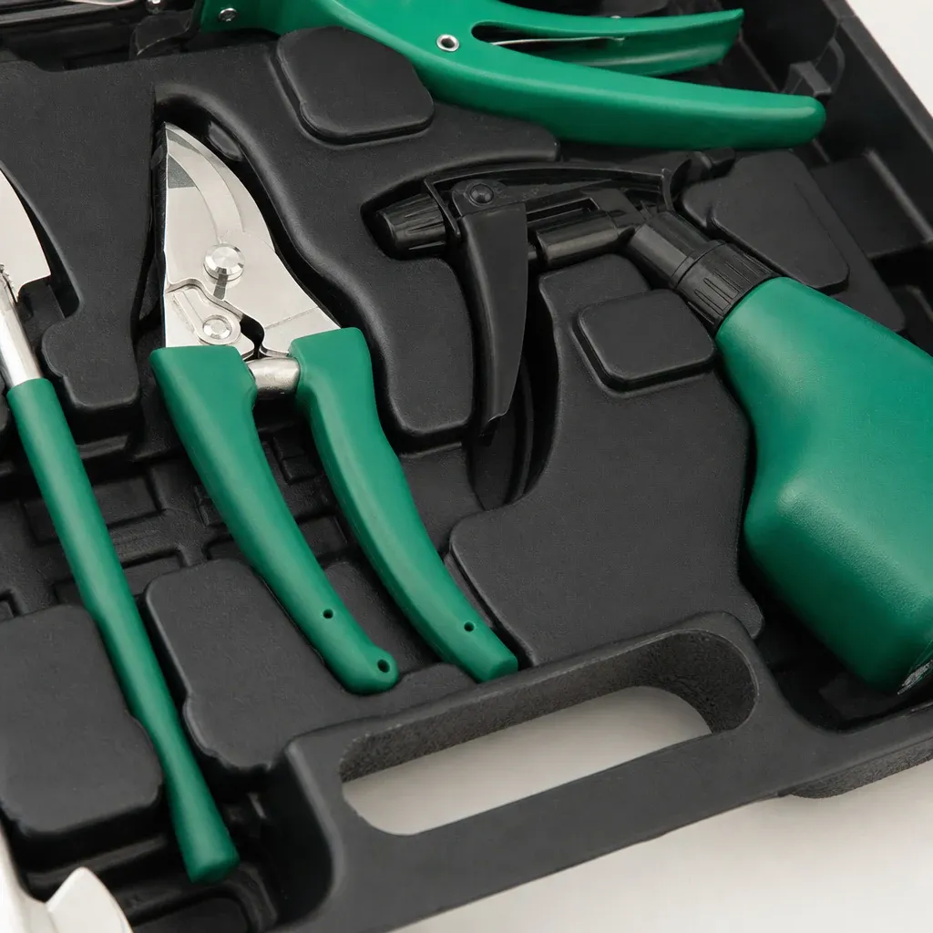 Garden tool handles and spray bottle in fitted case detail